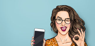 Dobry smartfon czyli jaki? Które rozwiązania w telefonie są niezbędne? ilustracja mrugająca dziewczyna pokazująca smartfona