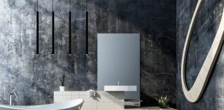 Jak wybrać odpowiednie oświetlenie do łazienki? nowoczesna ciemna łazienka z ciekawym oświetleniem